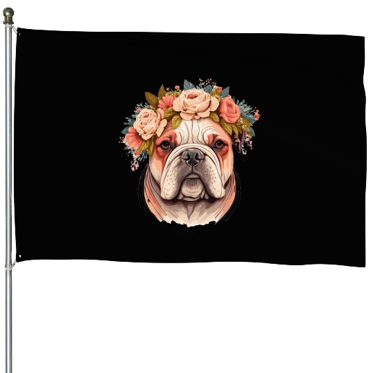 Cute Bulldog Flower Crown Pet Dog Breed Puppy House Flags