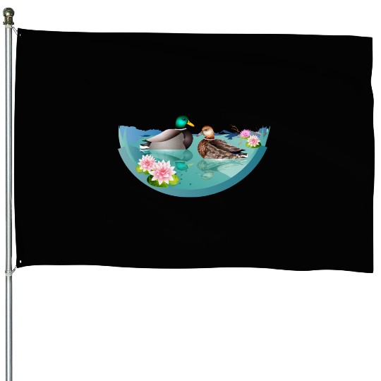 Duck couple in a duck pond with water lilies House Flags