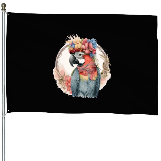 Colorful Parrot Watercolor Macaw Bird Flower Crown House Flags