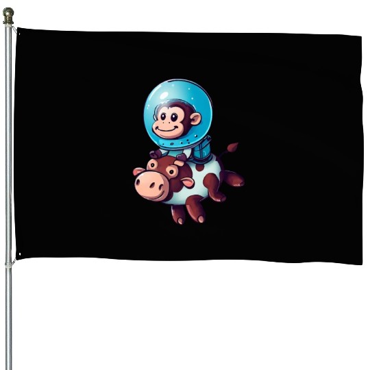 Monkey on Cow Rocket Schuttle Astronaut Cosmonaut House Flags