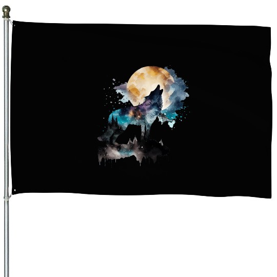 Mountain Wolf Multicolor Watercolor Portrait House Flags