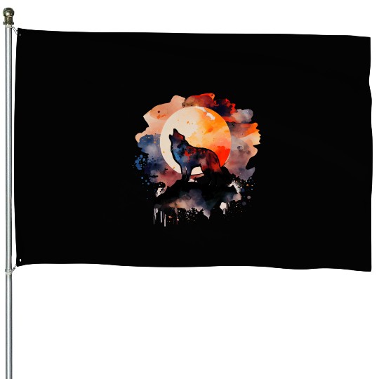 Wolf Howling at Moon Watercolor House Flags