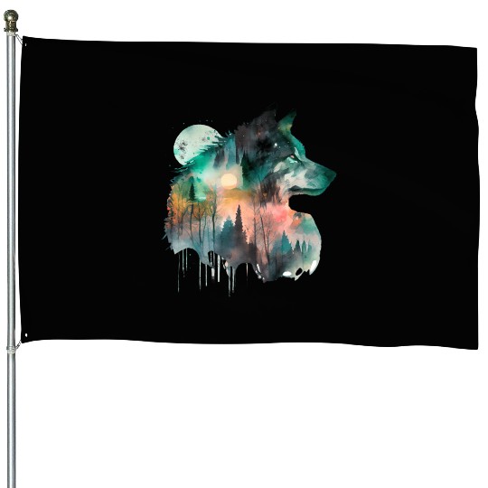 Forest Wolf Watercolor Portrait House Flags