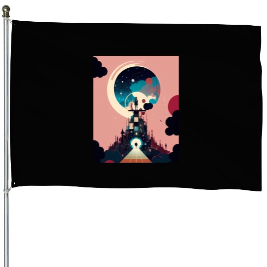 Hooded Mystery Night Sky Spectacle Over Cityscape House Flags