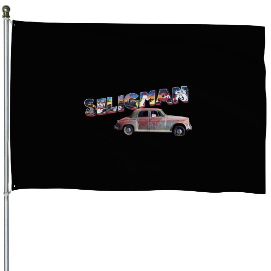 Old car city of Seligman in Arizonna, US Route 66 House Flags