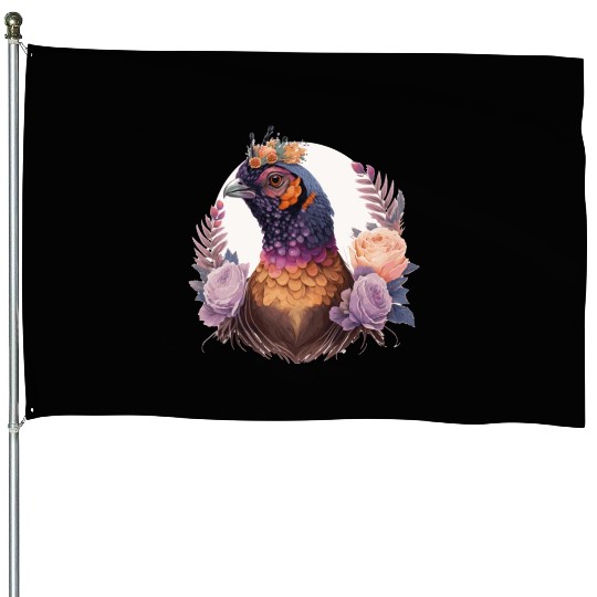 Pastel Watercolor Pheasant Bird Flower Crown Pet B House Flags