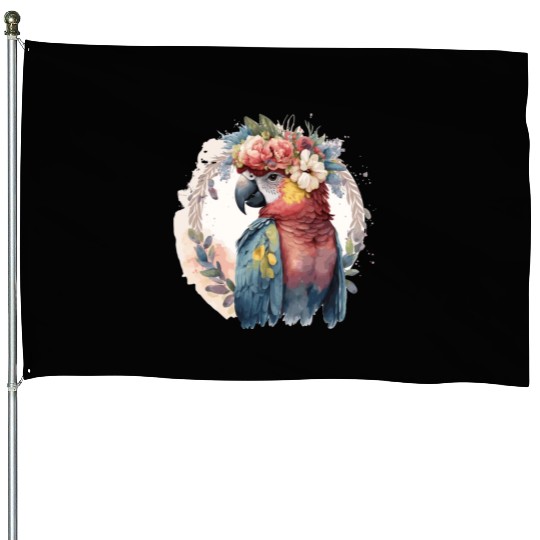 Watercolor Parrot Macaw Bird Flower Crown Pet Bird House Flags