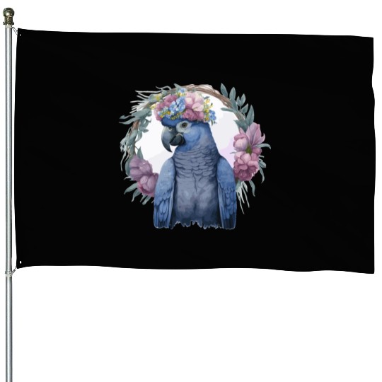 Watercolor Hyacinth Macaw Parrot Bird Flower Crown House Flags