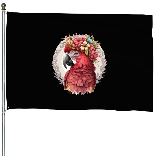Scarlet Macaw Parrot Watercolor Bird Flower Crown House Flags