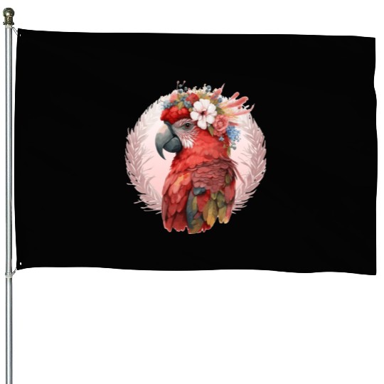 Red Scarlet Macaw Flower Crown Parrot Watercolor B House Flags
