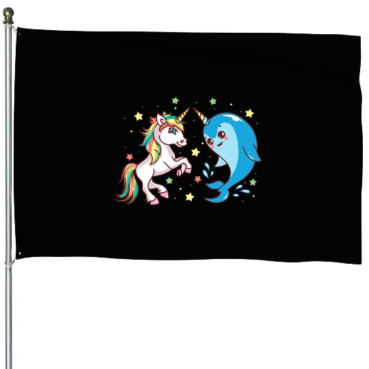 Cute Funny Horned Narwhal And Unicorn Friends House Flags