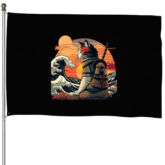 Retro samurai cat The Great Wave Hokusai House Flags