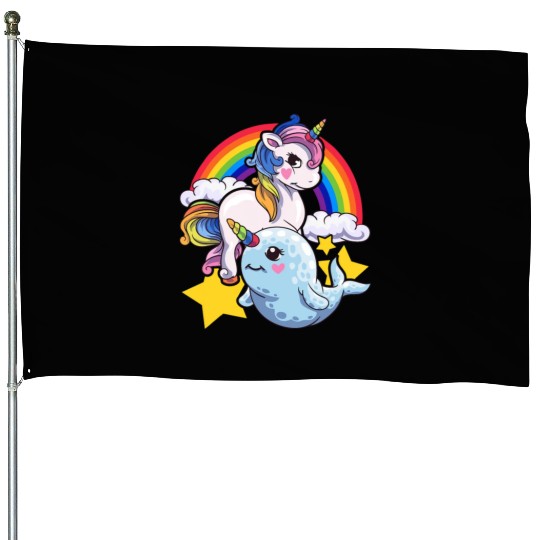 Cute Horned Narwhal And Unicorn Animal Friends House Flags