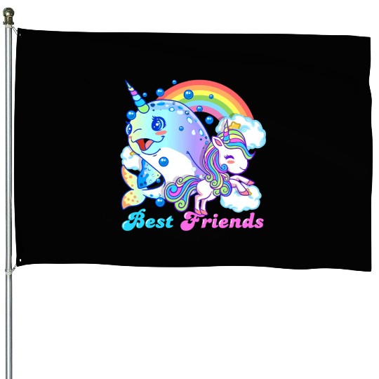 Cute Horned Narwhal And Unicorn Best Friends House Flags