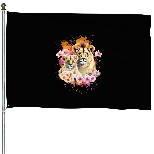 Lion Mom & Son Cubs with Flower Watercolor House Flags
