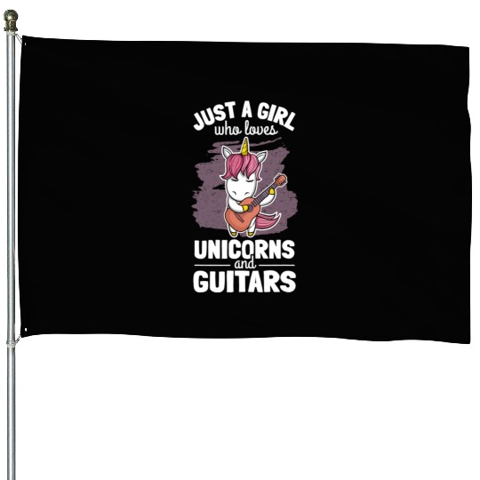 Cute Unicorn Guitar Player Woman Magical Girl House Flags