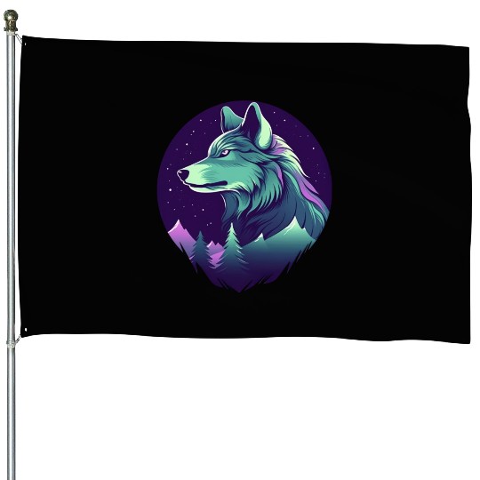 Starry Night Wolf With Northern Light Colors House Flags