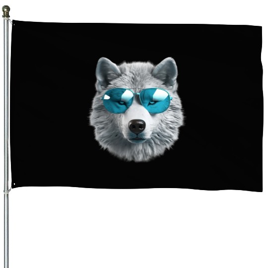 Grey Wolf Wearing Blue Sunglasses Wildlife Animal House Flags