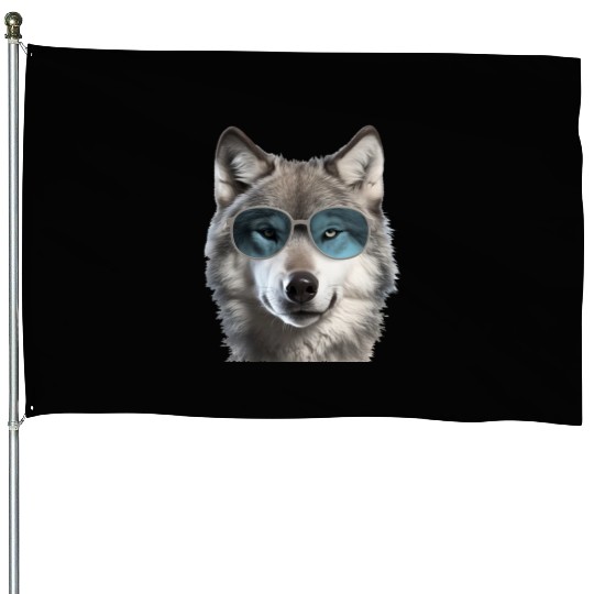 Grey Wolf Wearing Blue Sunglasses Wildlife Animal House Flags