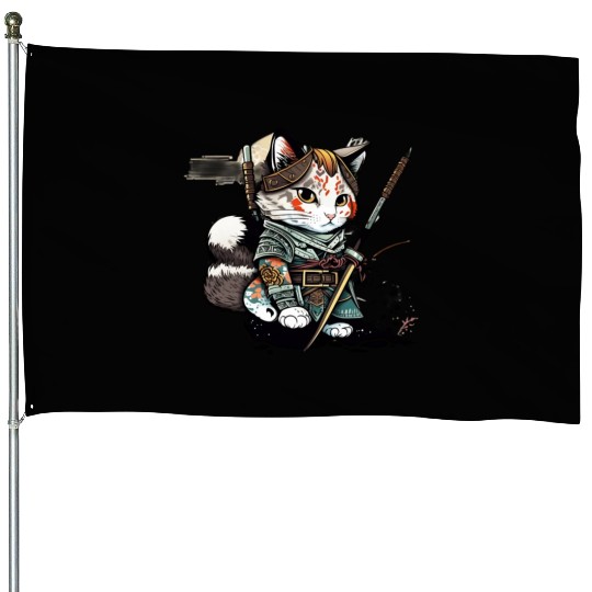 The Fearless Samurai Cat: A Sword's Master House Flags