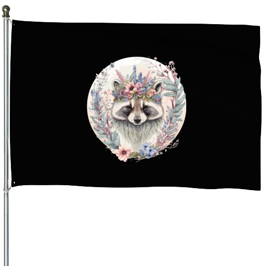 Cute Watercolor Racoon Flower Crown Floral Animal House Flags