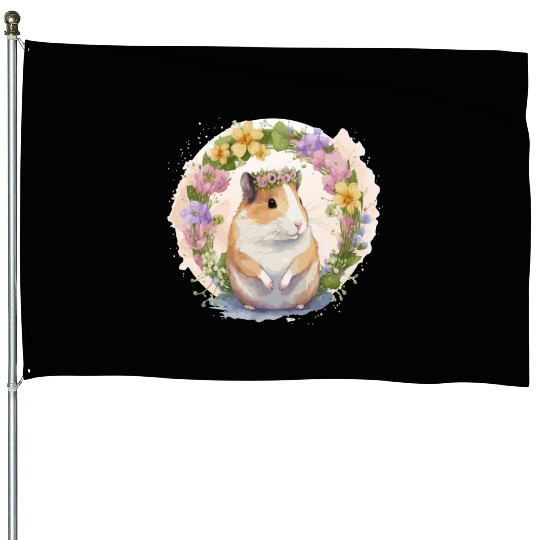 Cute Hamster Flower Crown Boho Aesthetic Floral An House Flags