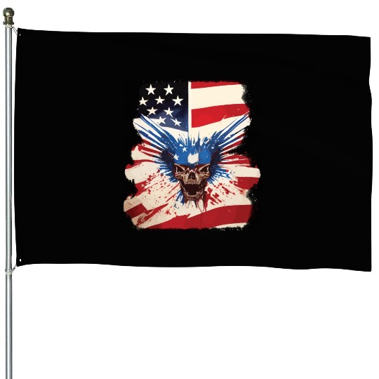 Angry Skull Bursting Through US Flag House Flags