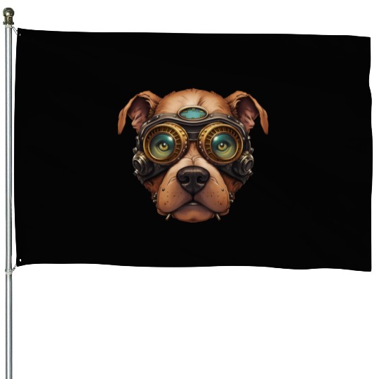 Steampunk Pitbull Dog in Clockwork Glassess House Flags