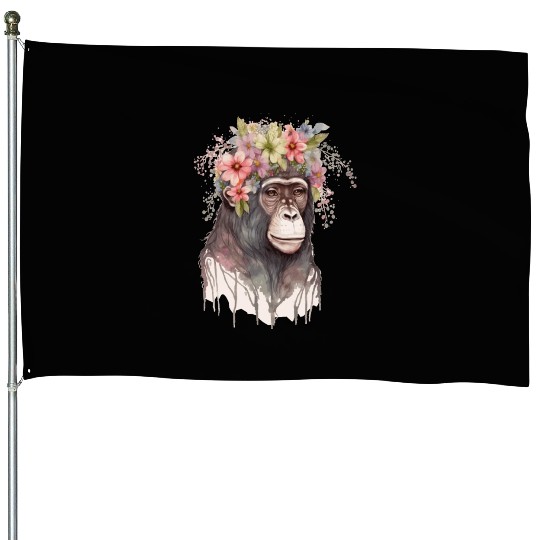 Cute Monkey Flower Crown Floral Watercolor House Flags