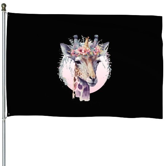 Cute Watercolor Giraffe Flower Crown Safari Animal House Flags