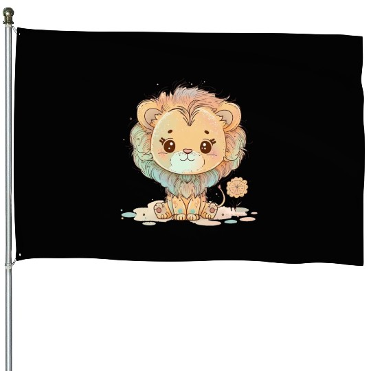 Cute Lion Pastel Drawing House Flags