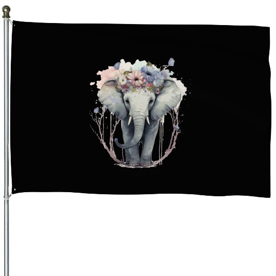 Cute Elephant Flower Crown Floral Boho Aesthetic House Flags
