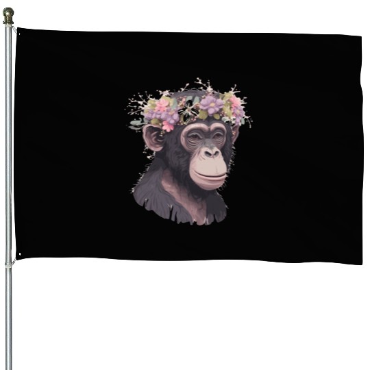 Cute Chimp Chimpanzee Flower Crown Floral Ape Monk House Flags