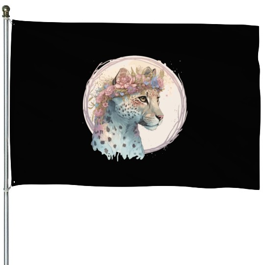 Cute Cheetah Flower Crown Floral Watercolor Animal House Flags