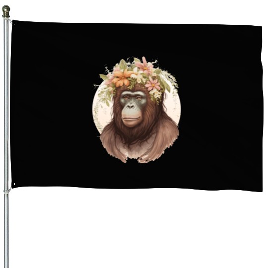 Cute Watercolor Orangutan Flower Crown Floral House Flags