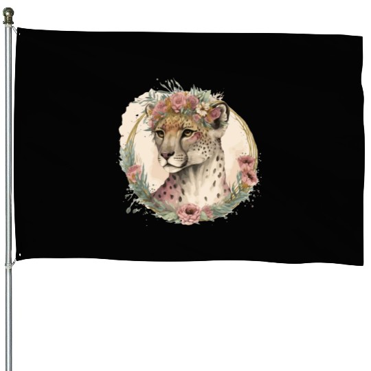 Cute Watercolor Cheetah Flower Crown Safari Animal House Flags