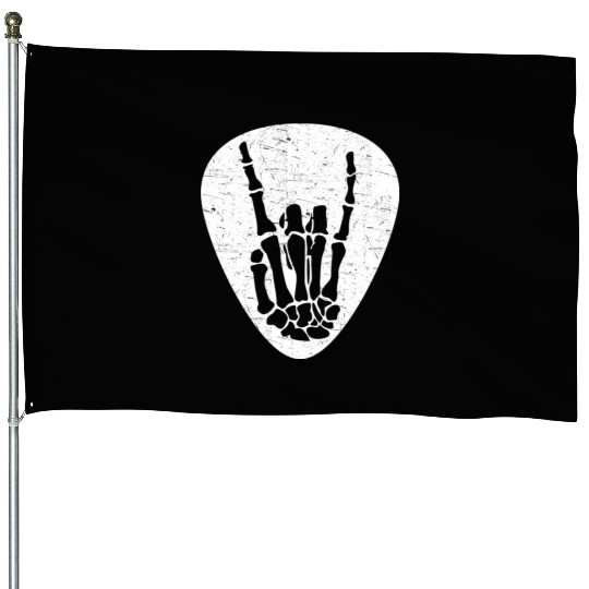 Cool Rock And Roll Skeleton Hand On A Guitar Pick House Flags