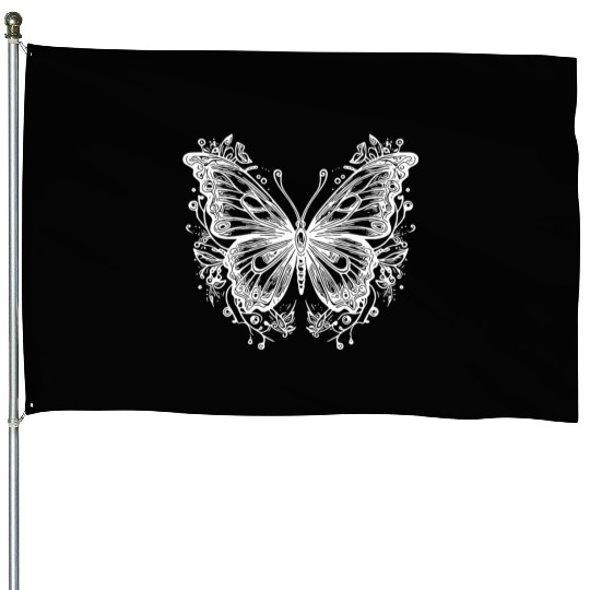 Tattoo Flower Lines Style Butterfly House Flags