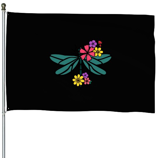 dragonfly with colorful flowers House Flags
