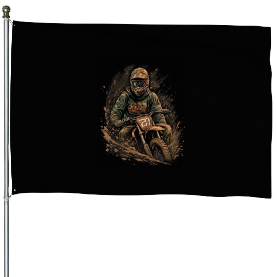 Dirt Bike Biker Stuck in Mud Offroad Rider House Flags