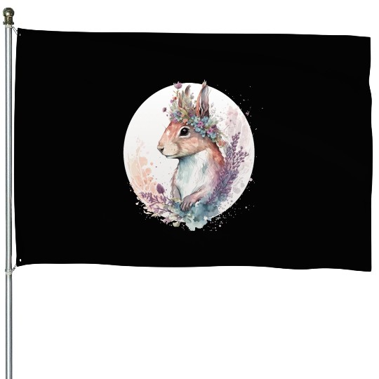 Cute Watercolor Squirrel Flower Crown Animal Lover House Flags