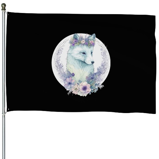 Cute Arctic Fox Flower Crown Floral Watercolor Ani House Flags