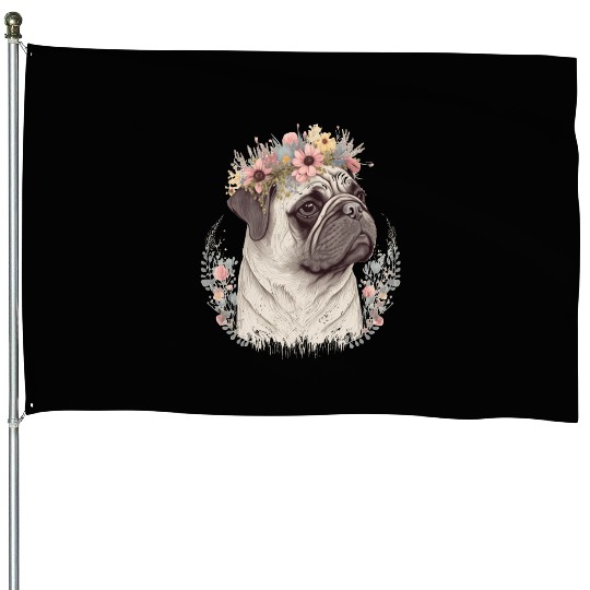 Cute Pug Flower Crown Pet Dog Breed Floral Puppy House Flags