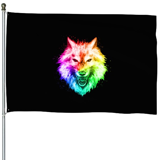 Bright Colorful Wolf Head – Rainbow Howling Wolf F House Flags