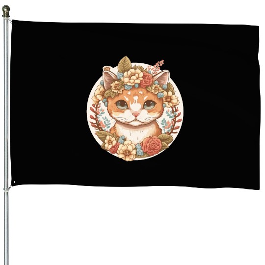 Cottagecore Cute Baby Cat Kitten Flower House Flags