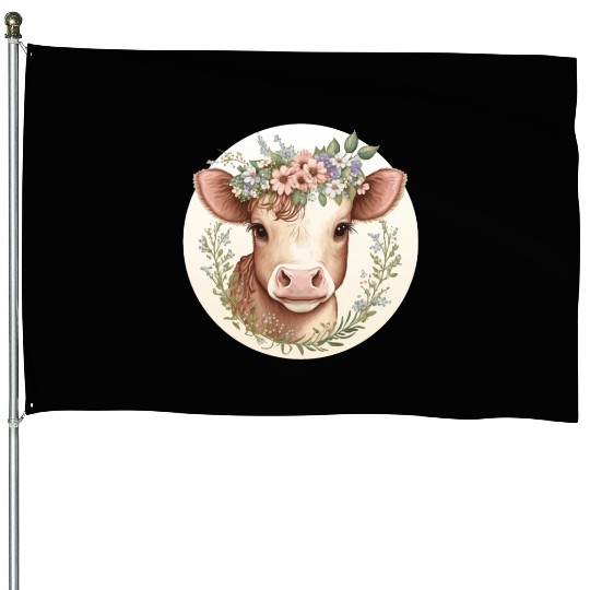 Cottagecore Cute Baby Cow Calf Floral Farm Animal House Flags