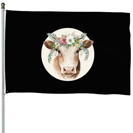 Cottagecore Cute Cow Ox Farm Animal Pet Calf House Flags