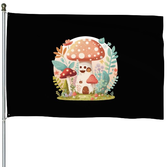 Cottagecore Mushroom Toadstool House Cute Forest House Flags