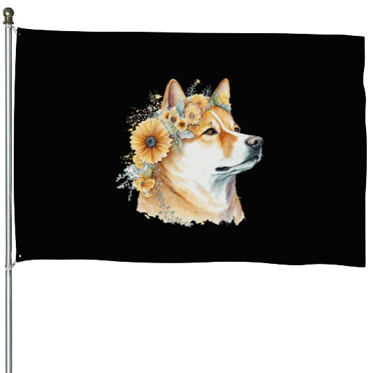 Watercolor Shiba Inu Sunflower Dog Breed Pet Puppy House Flags