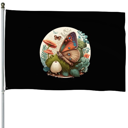 Cottagecore Butterfly Mushroom Plants Botanic Herb House Flags